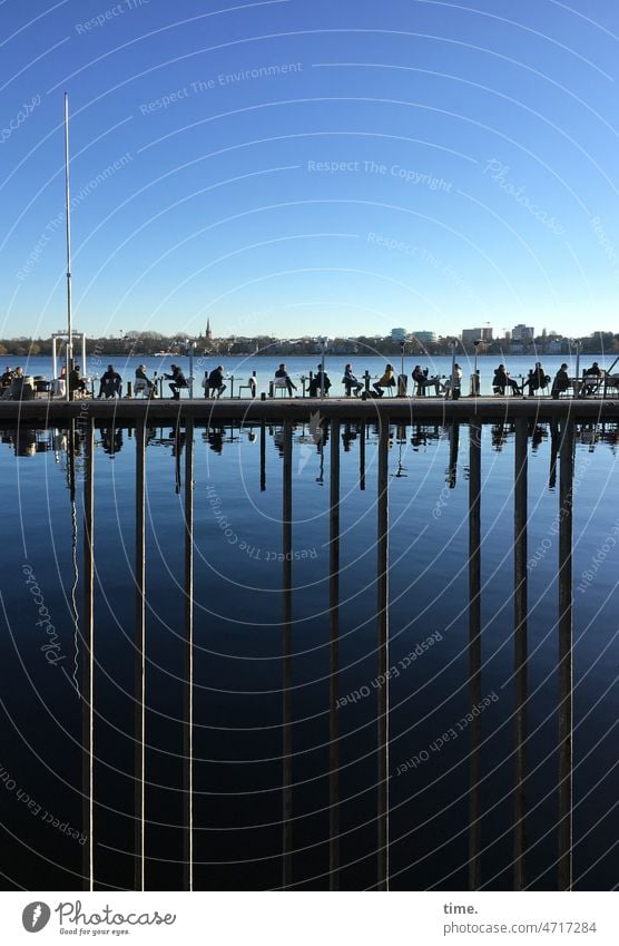 Alsterfrische Water Trip Sit People Break rest recover rail Footbridge Skyline Horizon Beautiful weather mast