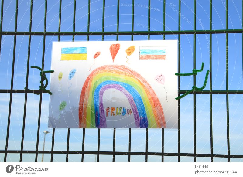 poster painted by children with peace wish Solidarity Solidary Symbols and metaphors painted symbols sweetheart Rainbow balloons Peace message Peace Wish