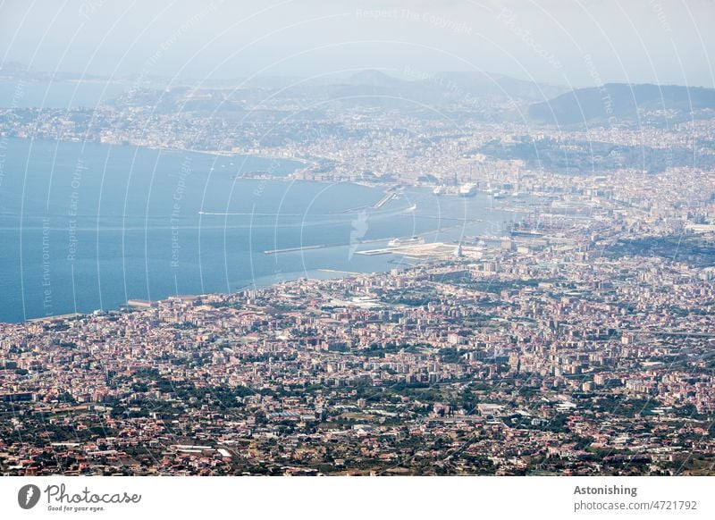 View from Vesuvius to Naples Gulf of Napels Looking Campania Italy Town Ocean Small Hill Harbour wide Vantage point Blue Sky Horizon ships Vacation & Travel