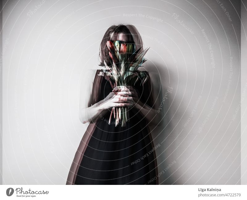 Horror themed female portrait Fear Horror film Creepy Dark Alarming Panic Evil Woman Woman's body Tulip tulips tulips bouquet Double exposure Ghostly ghost