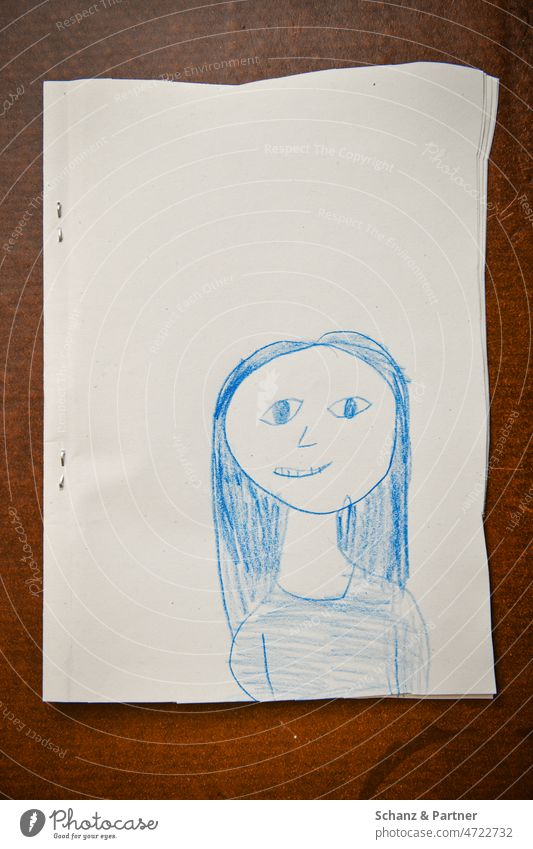 Child drawing of woman with long hair with blue crayon Painting (action, artwork) Draw Children's drawing naive portrait Blue mama Sister Paper Drawing Smiling