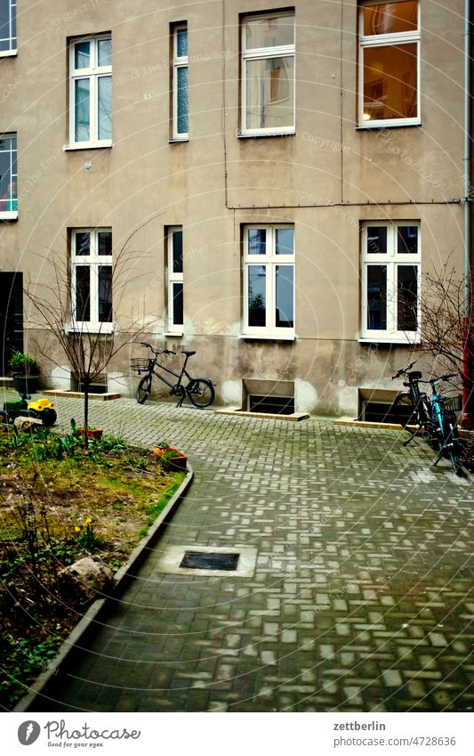 Backyard in Schöneberg Old building on the outside Fire wall Facade Window House (Residential Structure) Sky Sky blue rear building Courtyard Interior courtyard