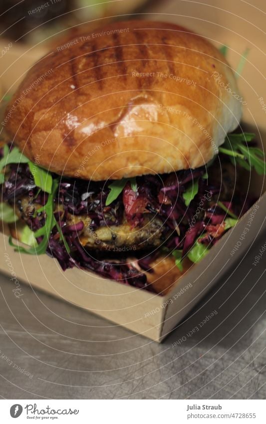 delicious veggie burger to go in kraft paper box food and drink Eating Fast food Burgerlove burger buns Vegetarian diet vegetarian Self-made homemade