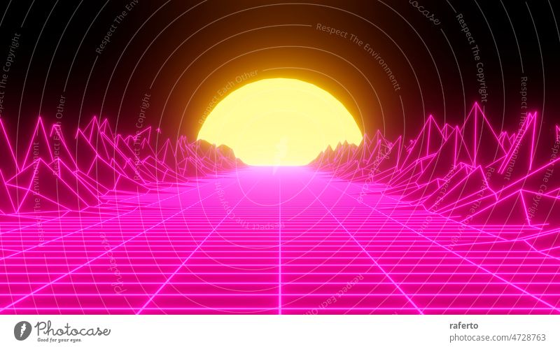 Retro neon sunset. Vaporwave vintage 3D neon landscape.3d illustration 80s game retro background futuristic grid three-dimensional abstract space geometric