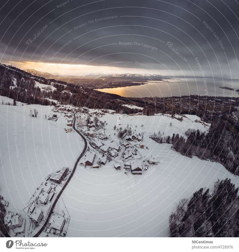 Evening mood over Lake Constance Snow layer Winter's day Snowscape Winter mood Fog Wide angle Panorama (View) Deep depth of field Sunlight Deserted