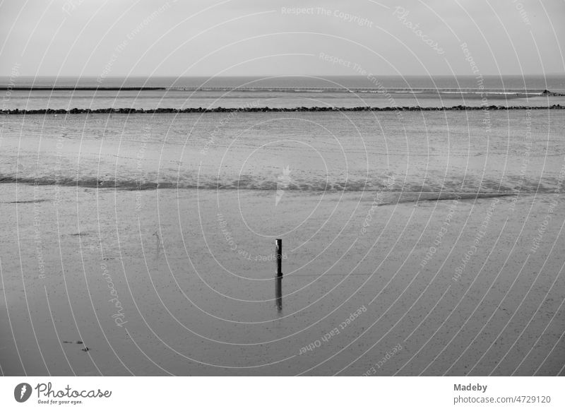 The Wadden Sea World Heritage Site in Bensersiel near Esens in East Frisia on the coast of the North Sea, photographed in classic black and white panorama