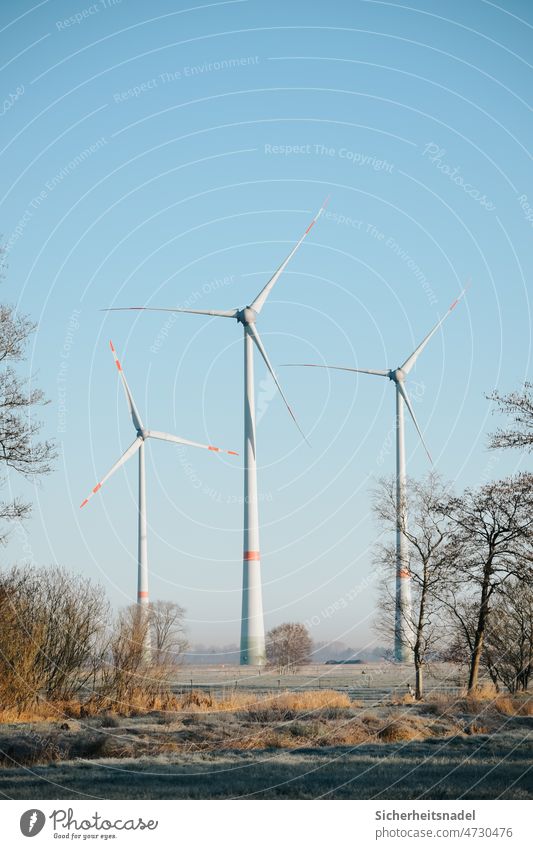 Wind turbines in the morning Pinwheel windmills Wind energy plant Energy wind power Rotor Technology Energy industry