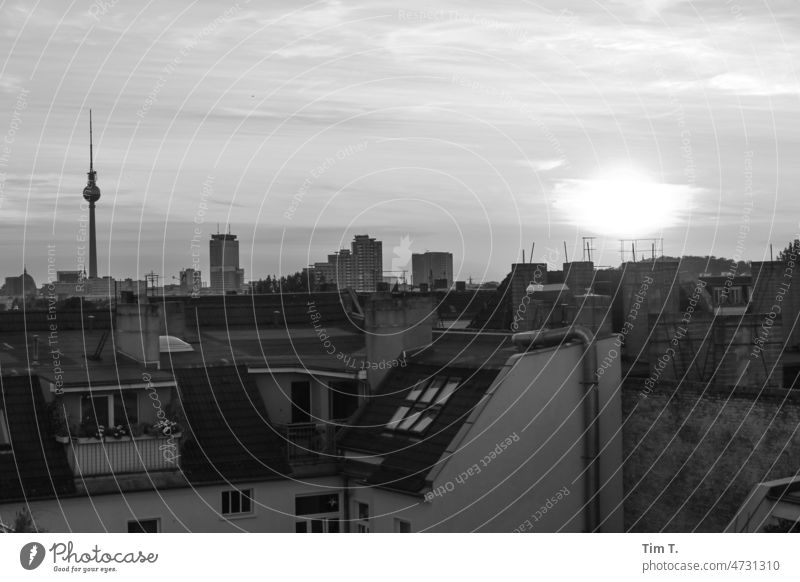 View over a backyard, a city with television tower Town Berlin Friedrichshain b/w bnw Black & white photo Day Deserted Exterior shot Architecture Capital city
