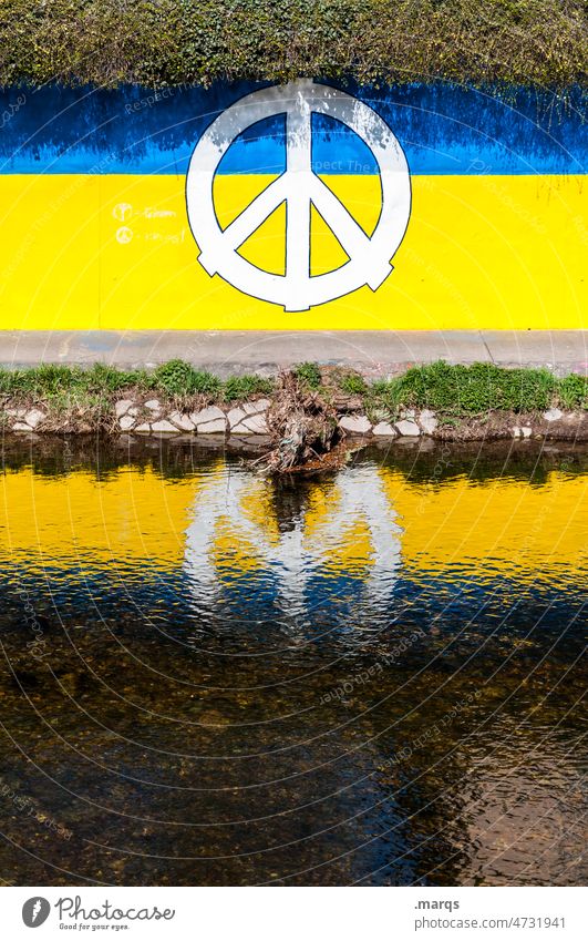 Peacesymbol on Ukrainian flag peace War Argument Politics and state Sign Symbols and metaphors Ukraine Blue Yellow Water Reflection Solidarity demand