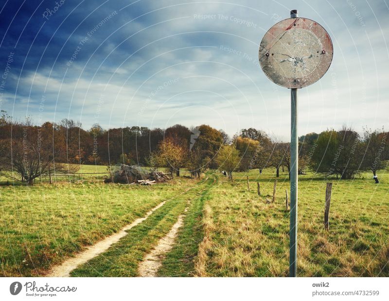 nature reserve Road sign Prohibition sign driving ban out Warning sign Signage Old Signs and labeling Metal Traffic infrastructure Forest Meadow Bushes Grass