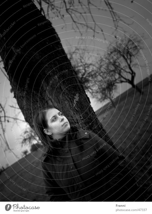 Under the trees Portrait photograph Tree Woman Serene Harmonious Meadow Field Nature Autumn Winter Moody Calm Exterior shot Idyll Black & white photo erhloung