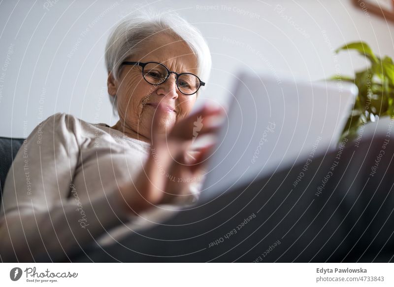 Senior woman using a digital tablet at home online internet modern technology communication connection living room glasses eyeglasses spectacles alone