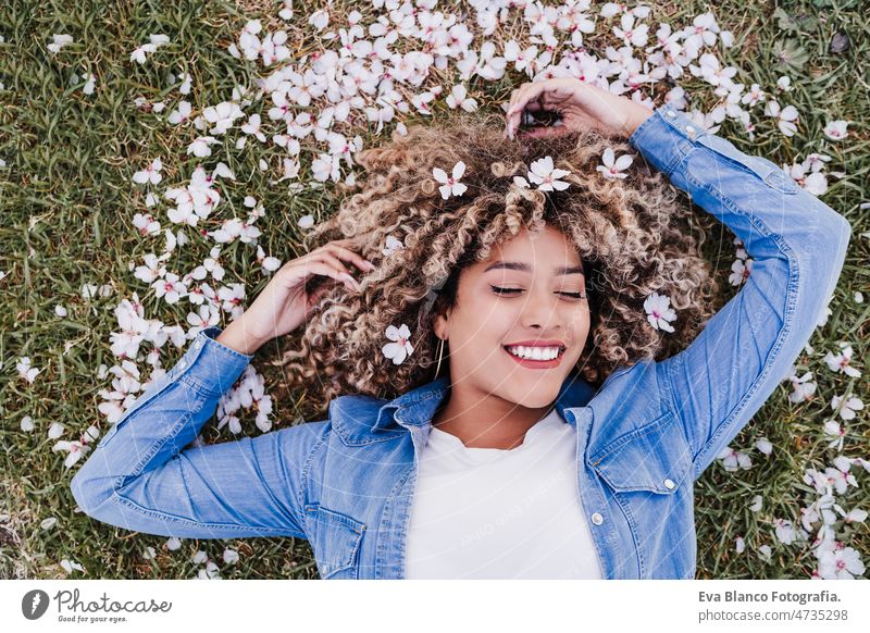 top view of happy hispanic woman with afro hair lying on grass among pink blossom flowers.Springtime dancing curvy body positivity park spring size portrait