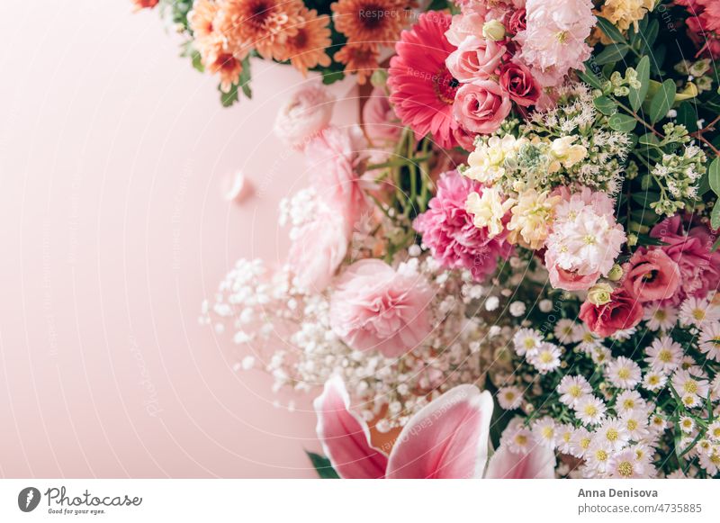 A lot of different flowers summer bunch of flowers bouquets ranunculus lilies peonies chrysanthemums gypsophila carnations lisianthus birthday party antirhinum