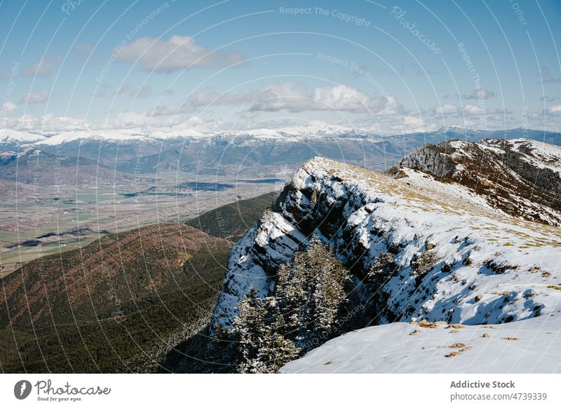 High mountains on winter day highland rock snow nature range hoarfrost landscape frozen pena oroel spain jaca huesca cold season environment weather wintertime