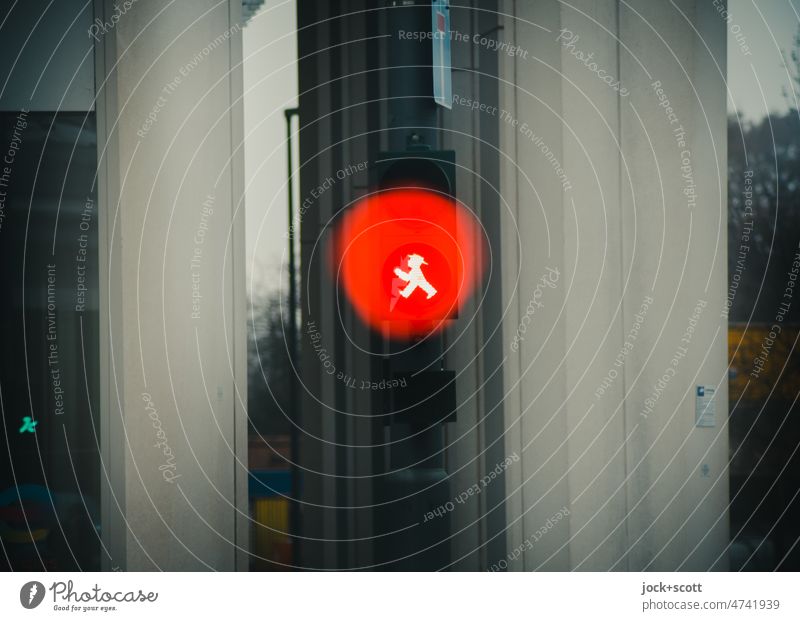Traffic light for pedestrians is green but lights red Pedestrian traffic light Pictogram ampelmännchen Technology Mobility Illuminate Road sign Signal Red