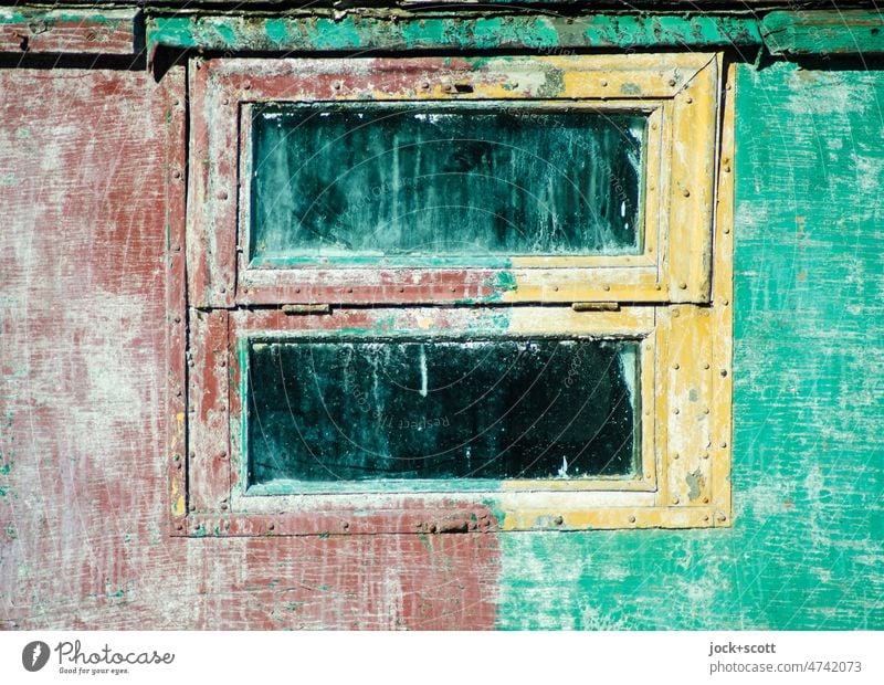 Color contest / desolate color brown and green meet at the car window Window Brown Green Old Weathered Wood Wall (building) frowzy Condensation Sunlight Painted
