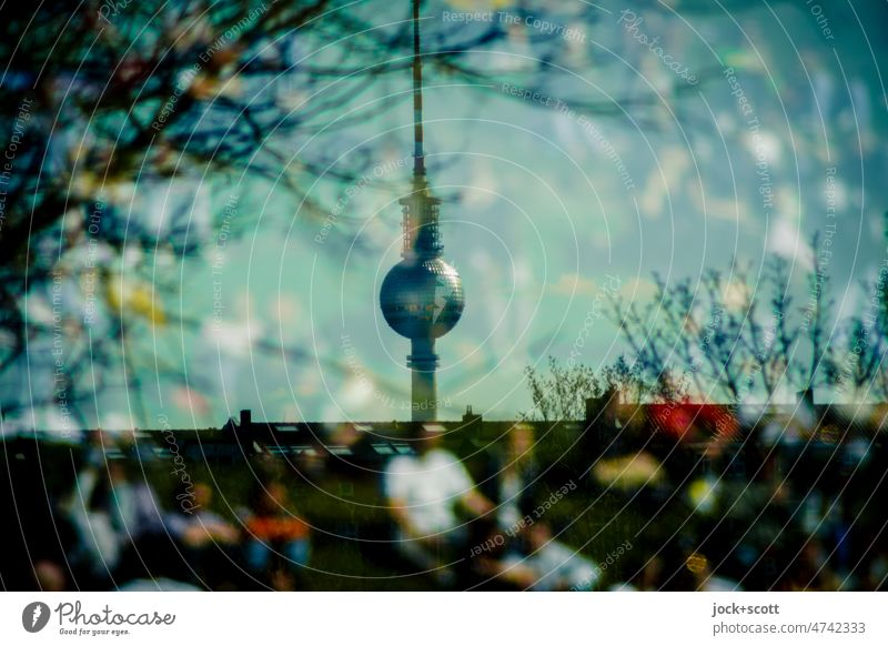 numerous people in Berlin park in sunny weather wall park Silhouette Illusion Reaction Berlin TV Tower Landmark Tourist Attraction Surrealism Double exposure