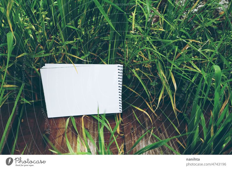 Mock up image in fresh organic texture mock up empty space note paper green nature notebook freshness grass spring springtime design white space negative space