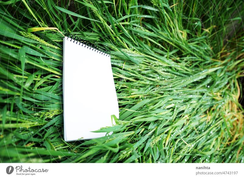 Mock up image in fresh organic texture mock up empty space note paper green nature notebook freshness grass spring springtime design white space negative space