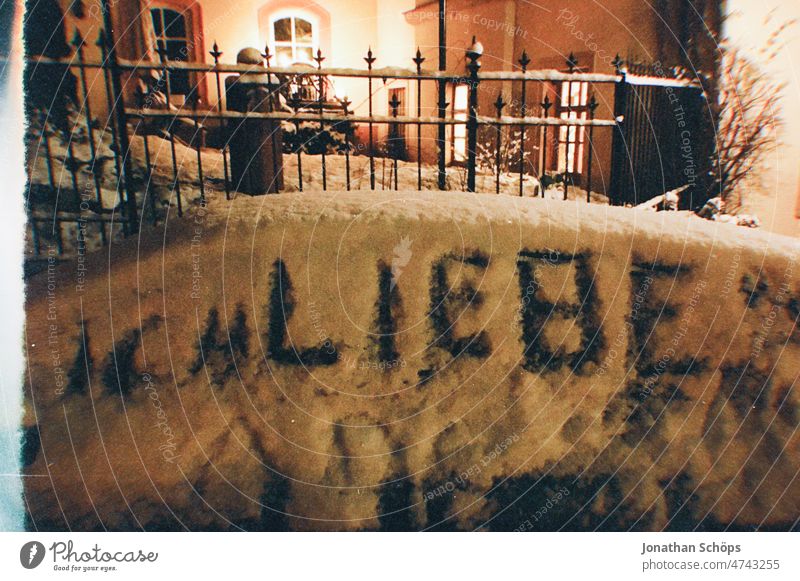 I love written in snow at car at night I love you Love love message authored embassy Snow Characters Text Snow layer Exterior shot Street Analog Retro vintage