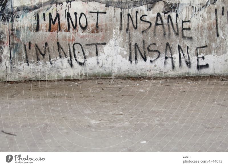 I AM NOT CRAZY! Illness Psychological disorder Crazy Schizophrenia Distress mental health Graffiti Soul Fear Stress Letters (alphabet) Ruin lost places