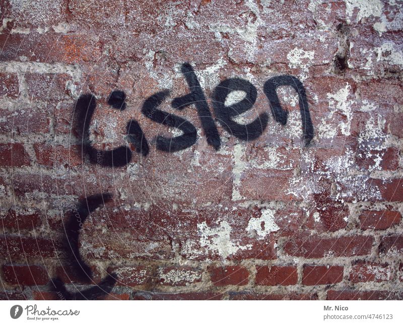 LISTS Graffiti Characters Wall (barrier) Wall (building) tranquillity Word In need of rest announcement Loud Vociferous Clue keep quiet Listening listen
