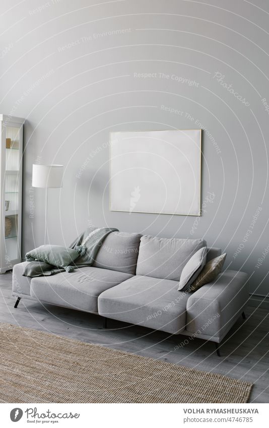 Stylish minimalistic interior of the living room in gray. Sofa with plaid, floor lamp, beige carpet and mockup white frame on the wall couch furniture grey sofa
