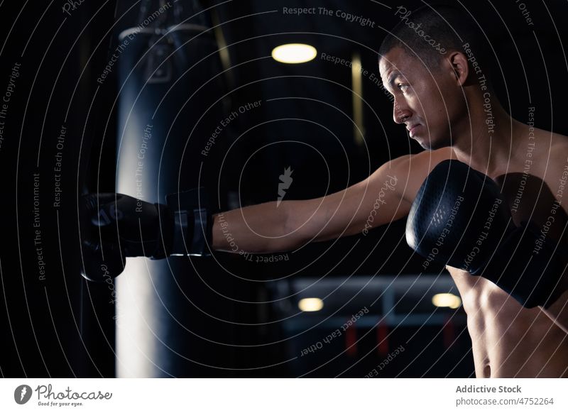 Shirtless Hispanic sportsman boxing in gym punch bag portrait training strong glove power boxer male shirtless intense stamina energy strength muscular