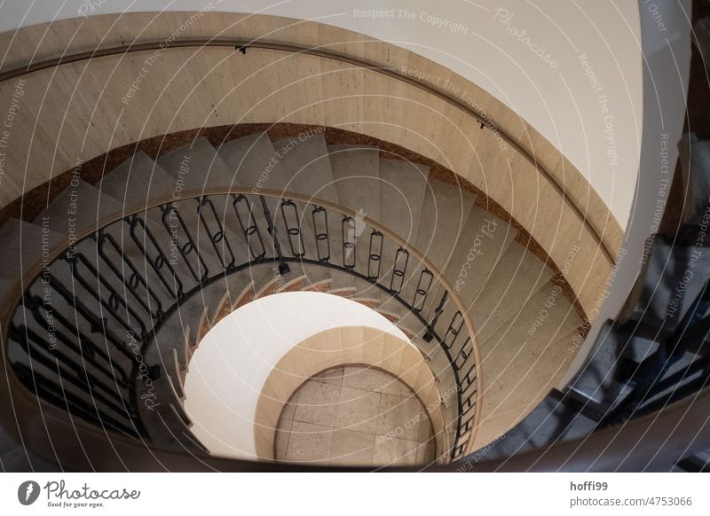Spiral staircase from the top of a stairwell Winding staircase Stairs rail oval shaped Staircase (Hallway) Curve Architecture architectural details Symmetry