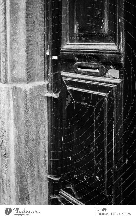 Old front door with cobwebs in the old town spiderweb old town house Wall (barrier) Facade Gloomy Oppressive dreariness dystrophy Dark melancholically Downtown