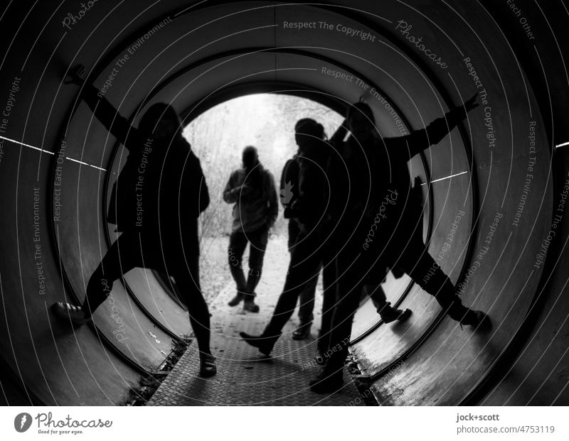 Photocasler meeting Berlin at the end of the tunnel Tunnel tube Silhouette Shadow Tunnel vision Lanes & trails Back-light Contrast Human being Footbridge