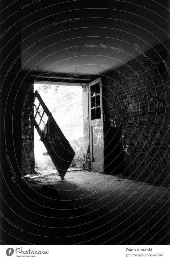 light at the end of the tunnel Broken Brick Ravages of time Derelict Light Door Old Shabby Black & white photo Contrast Shadow