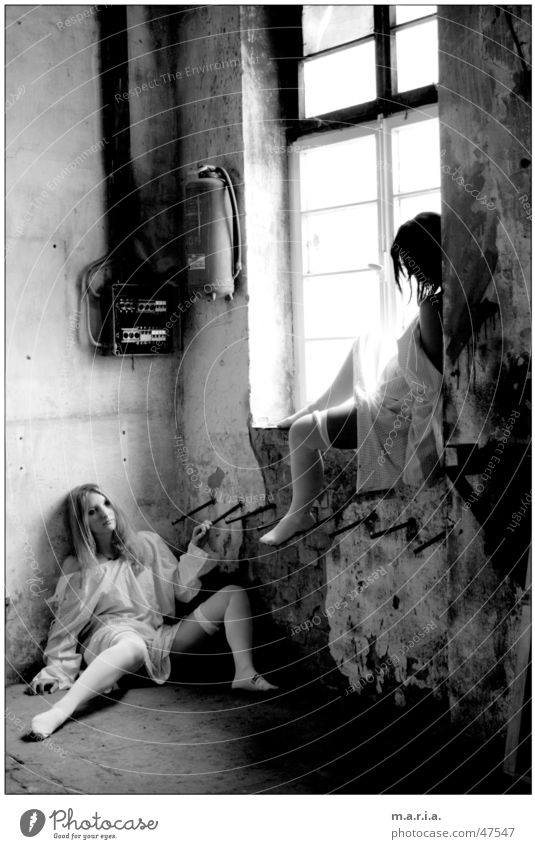 thelma&luise2 Woman Shirt Window Light Warehouse Window board Iron rod Portrait photograph Human being Location Legs suspender Black & white photo power box