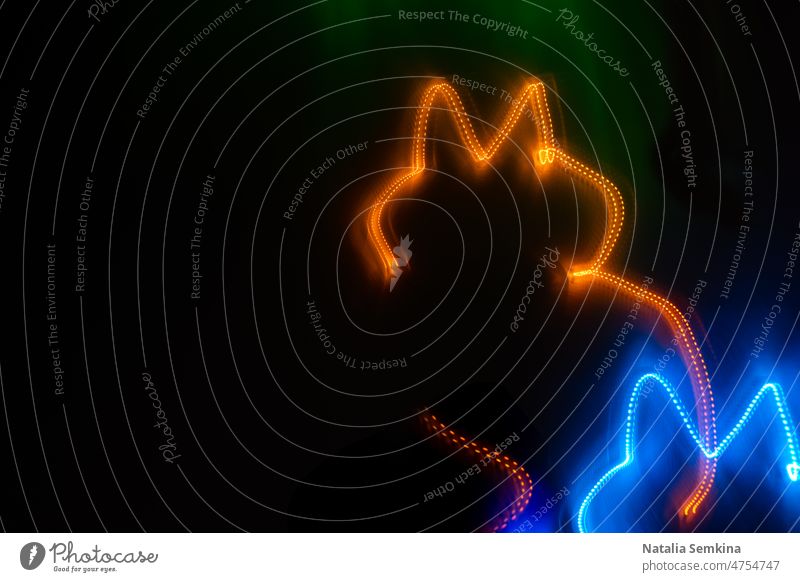 Glowing lines in form of cat silhouette on black background. art blue bright close-up color copy space dark decoration design digital effect energy fantasy