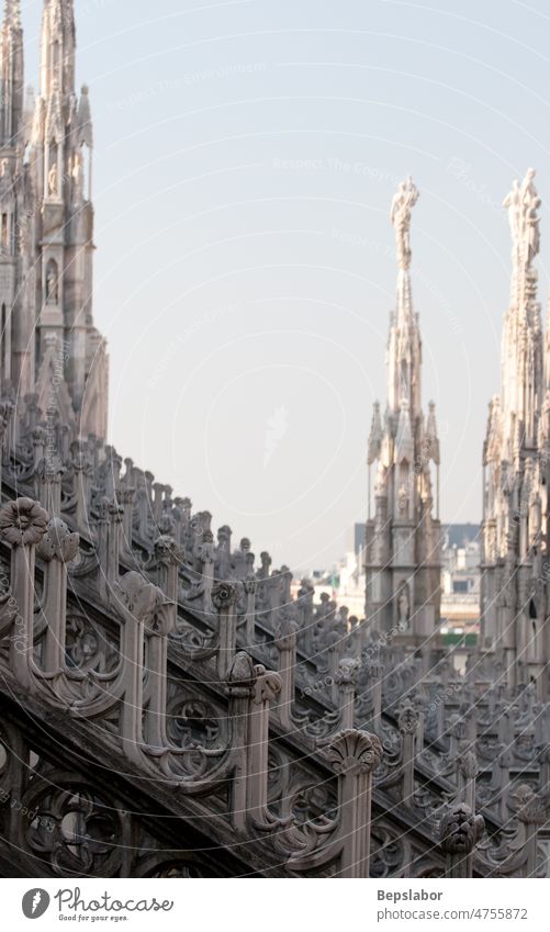 Detail of the Milan cathedral Italy above architecture church commemorative faith high historic holiness holy isolated milano monument religion sculpt sculpture