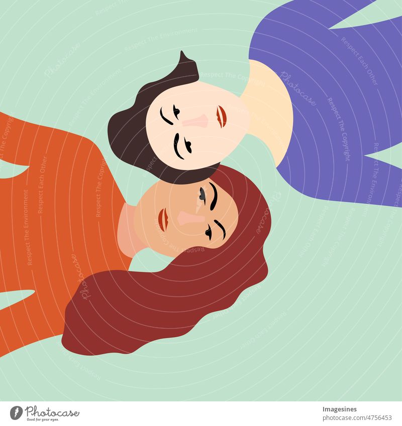 Couple women lying. Two women in love, interracial sisterhood and women friendship. Concept of relationships, family, romance. Valentine's day, date and love. Character illustration