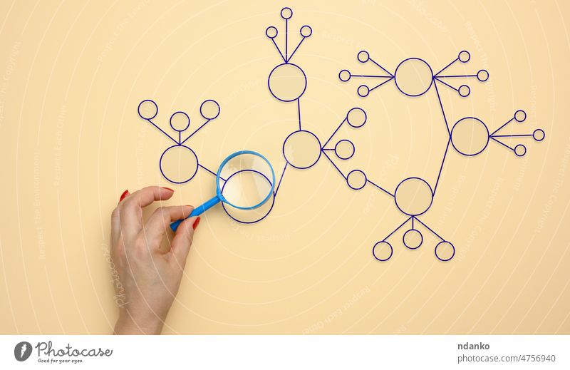 woman's hand holds a magnifying glass on a beige background. Automate business processes diagram algorithm automate automated automation blank chart computer