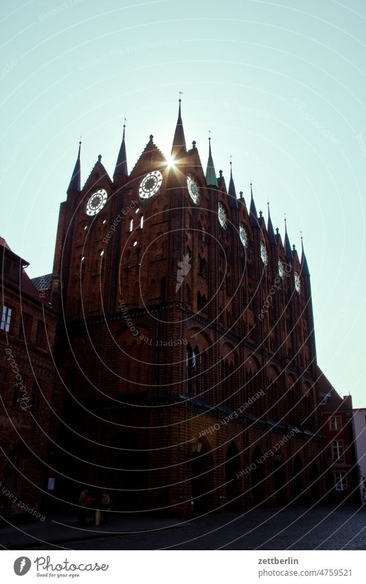 Stralsund City Hall City hall House (Residential Structure) Building Architecture Gothic period Brick Gothic Facade Landmark Back-light Sun Shadow Markets