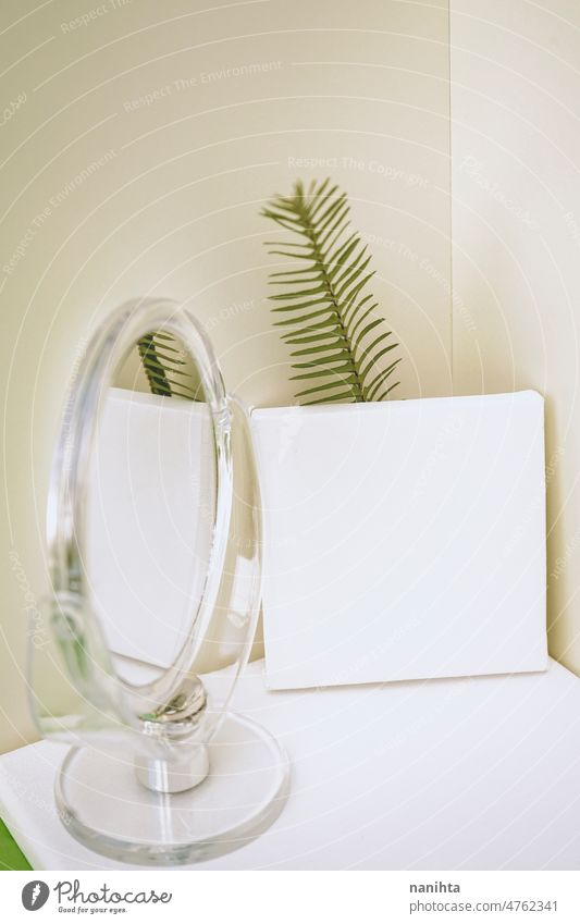 Clean and natural mockup in green and neutral tones mock up canvas leaf fern clean white blanket negative space copy space mirror reflection composition design