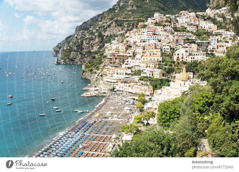 Positano beach, Amalfi coast Amalfi Coast Town Italy Historic Nature Landscape mountain Tall Ocean Campania boats Beach picturesque Tourism Summer Blue parasols