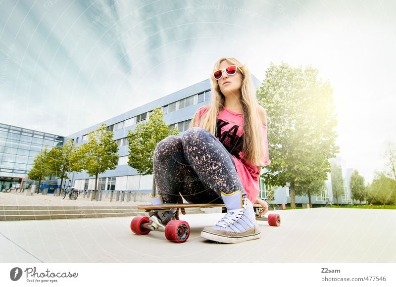 Boards that mean the world! Lifestyle Style Sports Skateboarding Feminine Young woman Youth (Young adults) 18 - 30 years Adults Sky Summer Beautiful weather