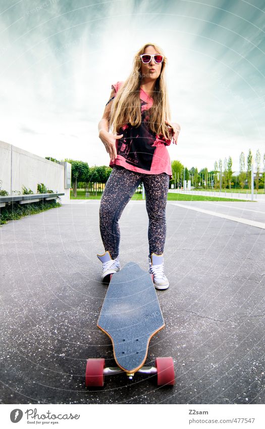 rock and roll Lifestyle Style Sports Longboard Skateboarding Feminine Young woman Youth (Young adults) 18 - 30 years Adults Sky Clouds Summer Beautiful weather