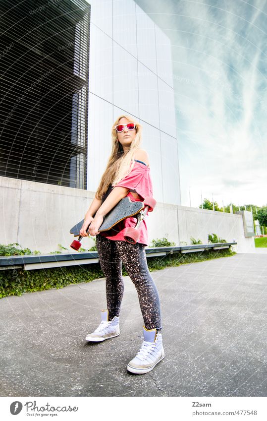 rock and roll Lifestyle Style Sports Skateboarding Longboard Feminine Young woman Youth (Young adults) 18 - 30 years Adults Sky Summer Beautiful weather Town