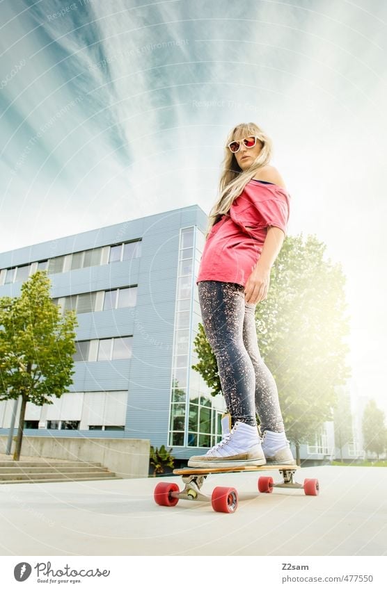 rock and roll Lifestyle Style Summer Sports Longboard Skateboard Feminine Young woman Youth (Young adults) 18 - 30 years Adults Sky Beautiful weather Tree