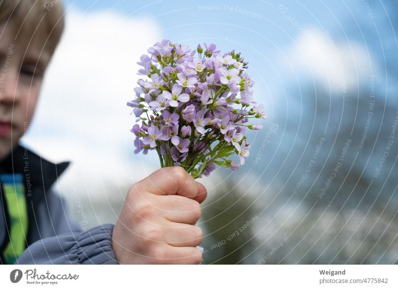 Child with bouquet of flowers for Mother's Day Thank you. I'll take care of it. Joy blossoms Gift consolation Optimism Happy