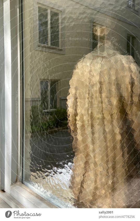 with your back to the window... Man Figure Coat Human being Trench coat visit Visitor Slice from behind Eerie Transparent ornamental glass Frosted glass