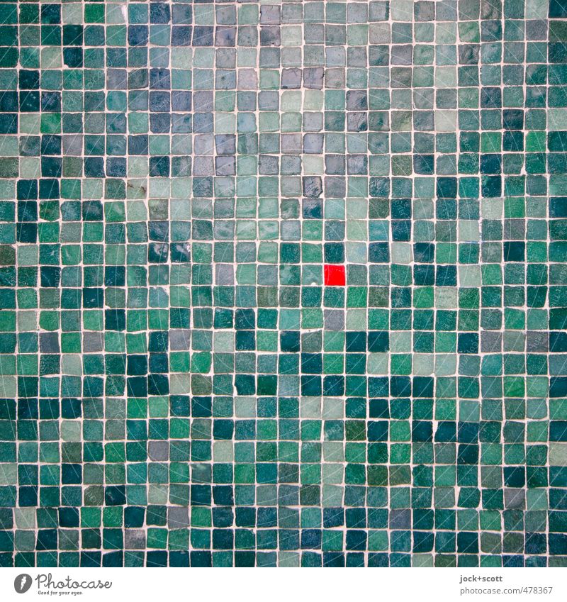 Red in green Arts and crafts Wall (building) Facade Decoration Glittering pretty Small Green Agreed Esthetic Creativity Center point Square Play of colours Seam