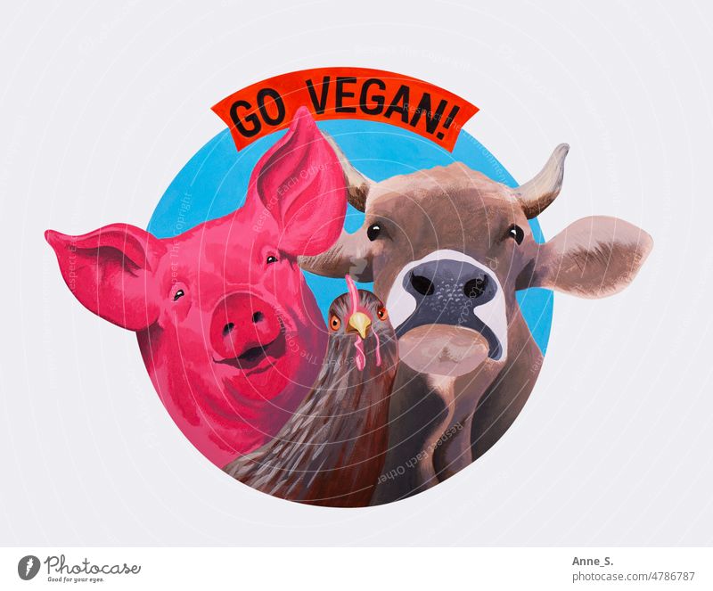 Go vegan: pig, cow and chicken (banner) Meat more vegan veganism Swine Chicken Cow Cattle animals Vegetarian diet veggie Eating Farm animal Milk eggs