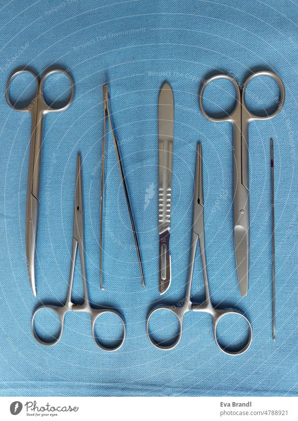 Surgery cutlery scissors tweezers scalpel on blue background clip Tweezers Doctor First aid tool First Aid Healthy Emergency Rescue Medical treatment Revival